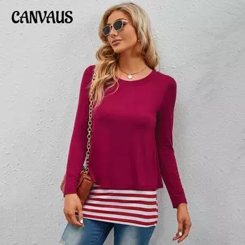 Женская блузка с круглым вырезом в полоску, эластичная, свободная, в стиле пэчворк, на весну и осень S чёрный