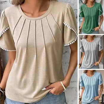Женская блузка с кружевной строчкой, плиссированный дизайн, с коротким рукавом, свободная, с круглым вырезом, дышащая, однотонная, женская рубашка, рабочая одежда 2XL хаки