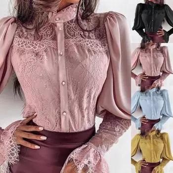 Женская блузка с кружевной строчкой, тонкая элегантная однотонная шифоновая блузка с пышными рукавами XL светло-синий