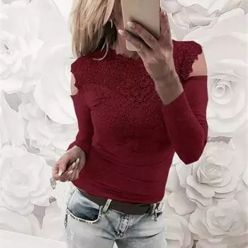 Женская блузка с кружевным вырезом и длинным рукавом, облегающая повседневная блузка с открытыми плечами и кружевной строчкой, уличная одежда 2XL вино красного