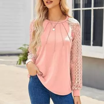 Женская блузка с кружевом, длинные рукава, однотонная повседневная рубашка, весна и осень S абрикосовый