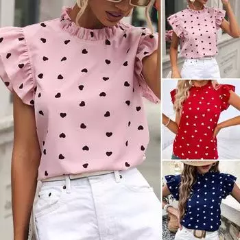 Женская блузка с летающим рукавом и принтом сердца, простая женская блузка с рюшами и воротником M темно-синий