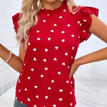 Женская блузка с летающими рукавами и принтом сердца, простой топ с рюшами и воротником M темно-синий