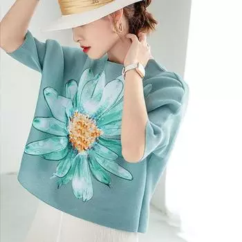 Женская блузка с плиссированным принтом и круглым вырезом, женская летняя темпераментная свободная универсальная рубашка 2022 года, топы M синий