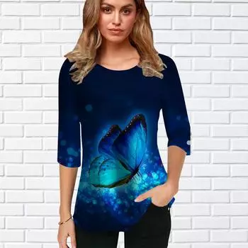 Женская блузка с принтом 3D-бабочки, цветочные топы с коротким рукавом, летние повседневные топы, футболка с круглым вырезом и коротким рукавом XS розовый