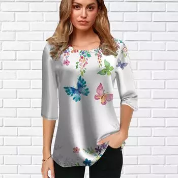 Женская блузка с принтом 3D-бабочки и цветов, топы с коротким рукавом, летние повседневные топы, футболка с круглым вырезом и коротким рукавом XS розовый