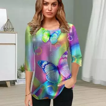 Женская блузка с принтом 3D большой бабочки, цветочные топы с коротким рукавом, летние повседневные топы, футболка с круглым вырезом и коротким рукавом XS розовый