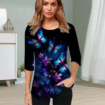 Женская блузка с принтом 3D фиолетовых цветов и бабочек, топы с короткими рукавами, летние повседневные топы, футболка с круглым вырезом и короткими рукавами XS фиолетовый