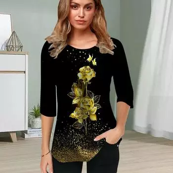 Женская блузка с принтом 3D Golden Rose Flower с коротким рукавом, летние повседневные топы с круглым вырезом и коротким рукавом, футболка с принтом XS золотой
