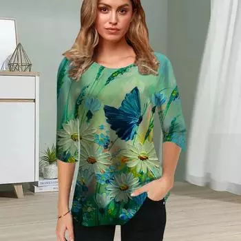 Женская блузка с принтом 3D Little Daisy Flower, топы с короткими рукавами, летние повседневные топы, футболка с круглым вырезом и короткими рукавами XS синий