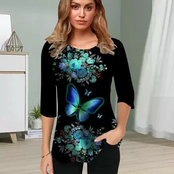 Женская блузка с принтом 3D Moonlit Night Flower, топы с короткими рукавами, летние повседневные топы, футболка с круглым вырезом и короткими рукавами XS синий