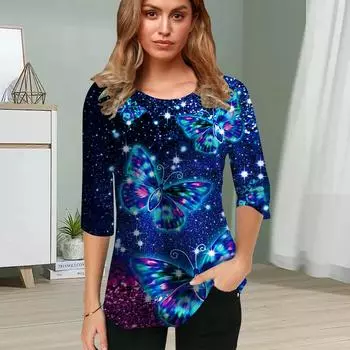 Женская блузка с принтом 3D Starlight Butterfly Flower с коротким рукавом, летние повседневные топы с круглым вырезом и коротким рукавом, футболка с коротким рукавом XS синий