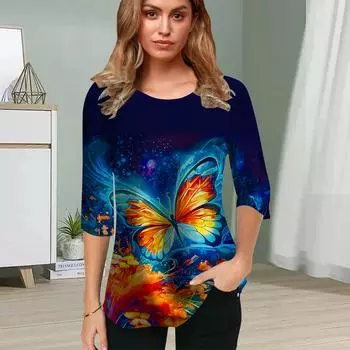 Женская блузка с принтом 3D «Сумеречная бабочка» и цветочным принтом, топы с коротким рукавом, летние повседневные топы, футболка с круглым вырезом и коротким рукавом XS синий