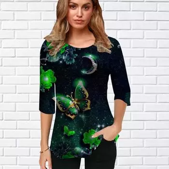 Женская блузка с принтом бабочек в лунном свете, цветочные топы с коротким рукавом, летние повседневные топы с круглым вырезом и коротким рукавом, футболка с коротким рукавом XS фиолетовый