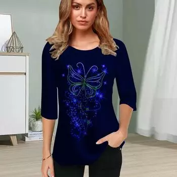 Женская блузка с принтом бабочки глубокого синего цвета, цветочные топы с коротким рукавом, летние повседневные топы с круглым вырезом и коротким рукавом, футболка с принтом XS золотой