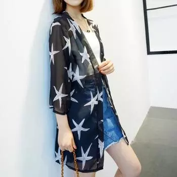 Женская блузка с принтом, кардиган, топы, свободная шифоновая рубашка One Size