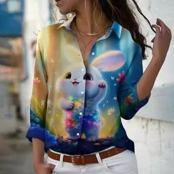 Женская блузка с принтом кролика, весна-осень, женская, офисная, на пуговицах, с отложным воротником XS синий
