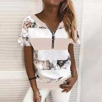 Женская блузка с принтом на молнии с коротким рукавом и V-образным вырезом футболка