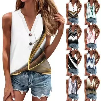 Женская блузка с принтом на пуговицах, повседневный базовый топ без рукавов, пуловер L чёрный