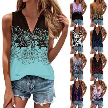 Женская блузка с принтом на пуговицах, повседневный базовый топ без рукавов, пуловер L чёрный