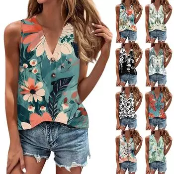 Женская блузка с принтом на пуговицах, повседневный базовый топ без рукавов, пуловер L