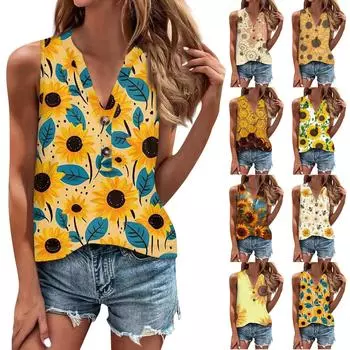 Женская блузка с принтом на пуговицах, повседневный базовый топ без рукавов, пуловер L бежевый