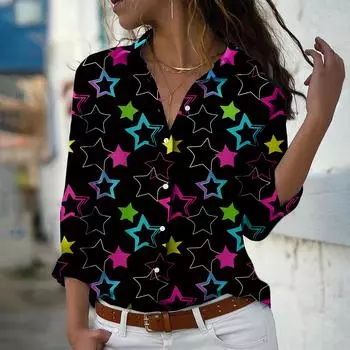 Женская блузка с принтом пятиконечной звезды, весна-осень, женская, офисная, на пуговицах, с отложным воротником XS фиолетовый