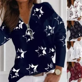 Женская блузка с принтом сердца на молнии с v-образным вырезом, осенний пуловер с длинными рукавами, топ