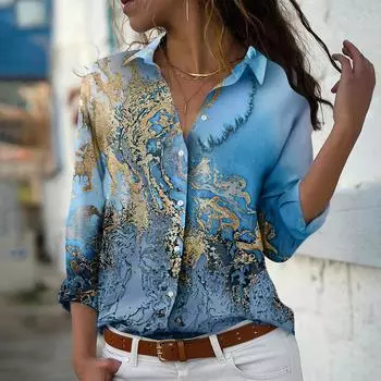 Женская блузка с принтом «стиральная живопись» весна-осень для офиса с отложным воротником на пуговицах XS фиолетовый