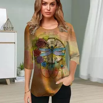 Женская блузка с принтом стрекозы в виде цветка и короткими рукавами, летние повседневные топы, футболка с круглым вырезом и короткими рукавами XS зелёный