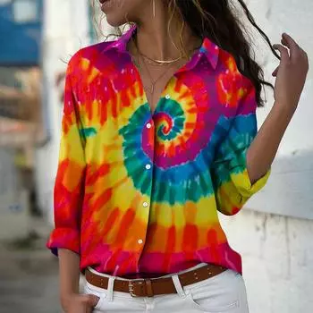 Женская блузка с принтом тай-дай, весна-осень, женская, офисная, на пуговицах, с отложным воротником XS фиолетовый
