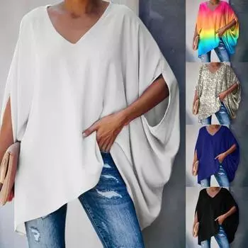 Женская блузка с принтом Tie Dye и рукавом «летучая мышь», осень с v-образным вырезом и половиной рукава XL чёрный