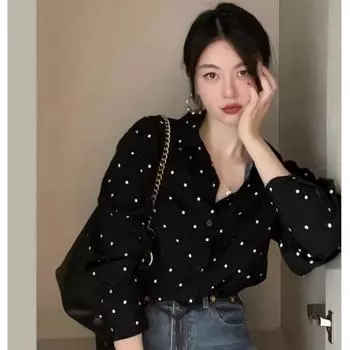 Женская блузка с принтом в горошек, длинный рукав, свободный отложной воротник, женские рубашки XL чёрный