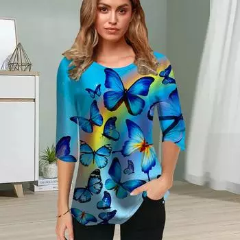 Женская блузка с принтом в виде 3D радужных бабочек, цветочные топы с коротким рукавом, летние повседневные топы, футболка с круглым вырезом и коротким рукавом XS синий