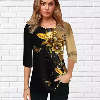 Женская блузка с принтом в виде 3D золотых цветов, топы с короткими рукавами, летние повседневные топы, футболка с круглым вырезом и короткими рукавами XS золотой