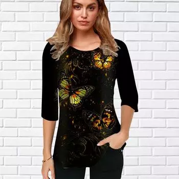 Женская блузка с принтом в виде трех бабочек и цветочным принтом, топы с короткими рукавами, летние повседневные топы, футболка с круглым вырезом и короткими рукавами XS фиолетовый