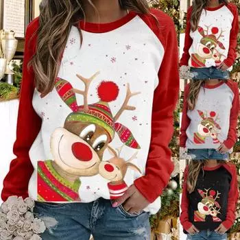 Женская блузка с рождественским оленем и цветными блоками, осенний мультфильм с длинным рукавом и оленем XL белый