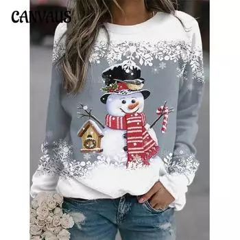 Женская блузка с рождественским принтом снеговика, повседневный свободный топ с длинными рукавами