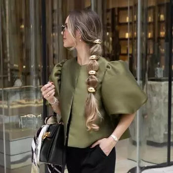 Женская блузка с рукавами-фонариками, однотонная атласная рубашка, новая весна-лето, женские рукава, О-образный вырез, свободная короткая рубашка, женские блузки S