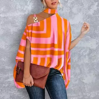 Женская блузка с рукавом «летучая мышь» и воротником-стойкой с принтом, повседневная свободная женская рубашка с открытыми плечами для XL