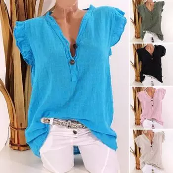 Женская блузка с рюшами и рукавами, свободный V-образный вырез, повседневная одежда из хлопка и льна M розовый