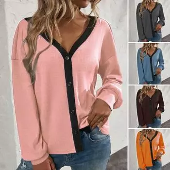 Женская блузка с V-образным вырезом и длинными рукавами и пуговицами Простая повседневная лоскутная блузка M темно-серого