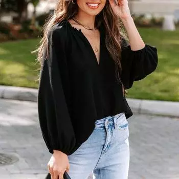 Женская блузка с v-образным вырезом и рюшами и длинными рукавами, однотонная свободная футболка