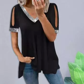 Женская блузка с V-образным вырезом и открытыми плечами, блестящий пуловер с короткими рукавами, украшенный сплошным цветом L чёрный