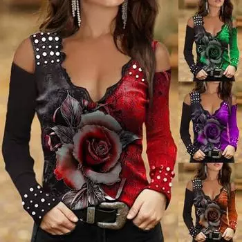 Женская блузка с V-образным вырезом и цветочным принтом розы, впитывающая пот, цвет с открытыми плечами XL светло-синий