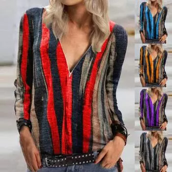 Женская блузка с V-образным вырезом и принтом тай-дай, полосатая футболка с длинными рукавами и принтом