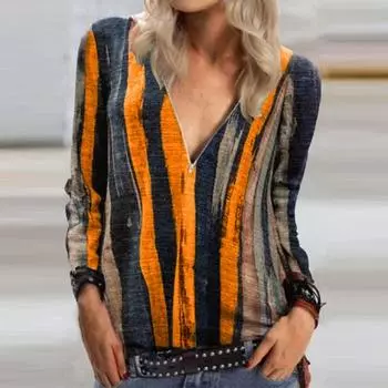 Женская блузка с V-образным вырезом и принтом тай-дай, полосатая футболка с длинными рукавами и принтом