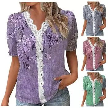 Женская блузка с v-образным вырезом и кружевной отделкой с цветочным принтом, укороченная блузка с рюшами и короткими рукавами, легкая повседневная однотонная футболка в уличном стиле, топ L