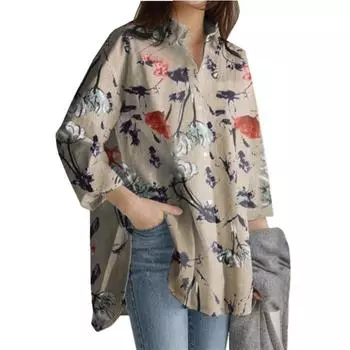 Женская блузка с v-образным вырезом и рукавом 3/4, летние хлопковые рубашки в стиле ретро с цветочным принтом XXXXXL белый