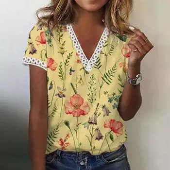 Женская блузка с v-образным вырезом, кружевная лоскутная повседневная рубашка с цветочным принтом для свиданий L белый